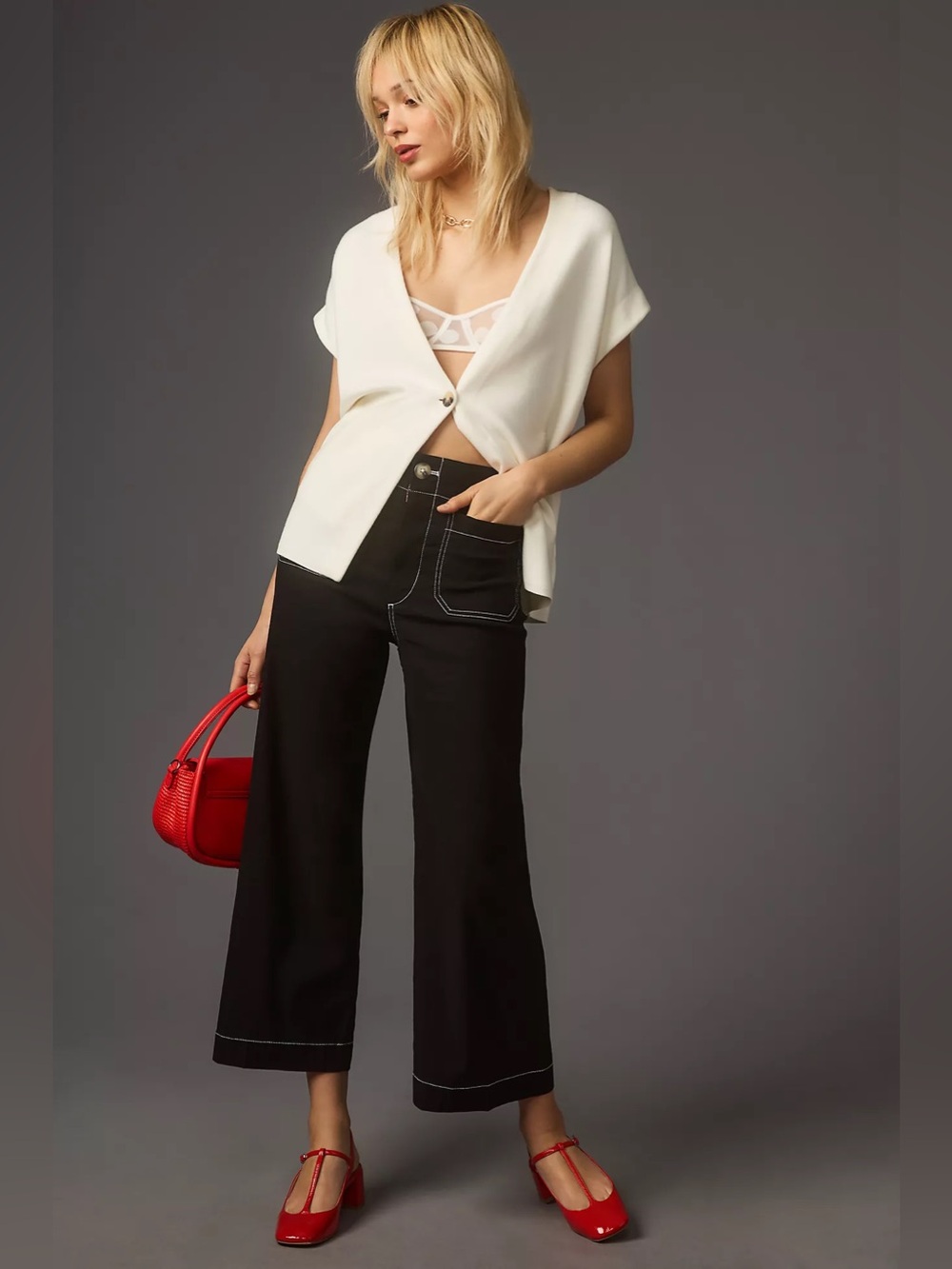Maeve Anthropologie The Colette Crop Wide-Leg Contrast Stitching Pants Size:29